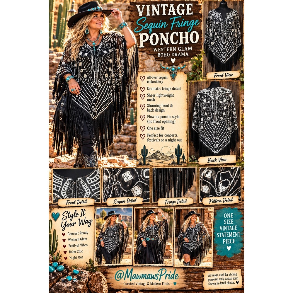 Vintage Sequin Fringe Poncho Western Glam Boho Mesh Wrap Black Silver One Size